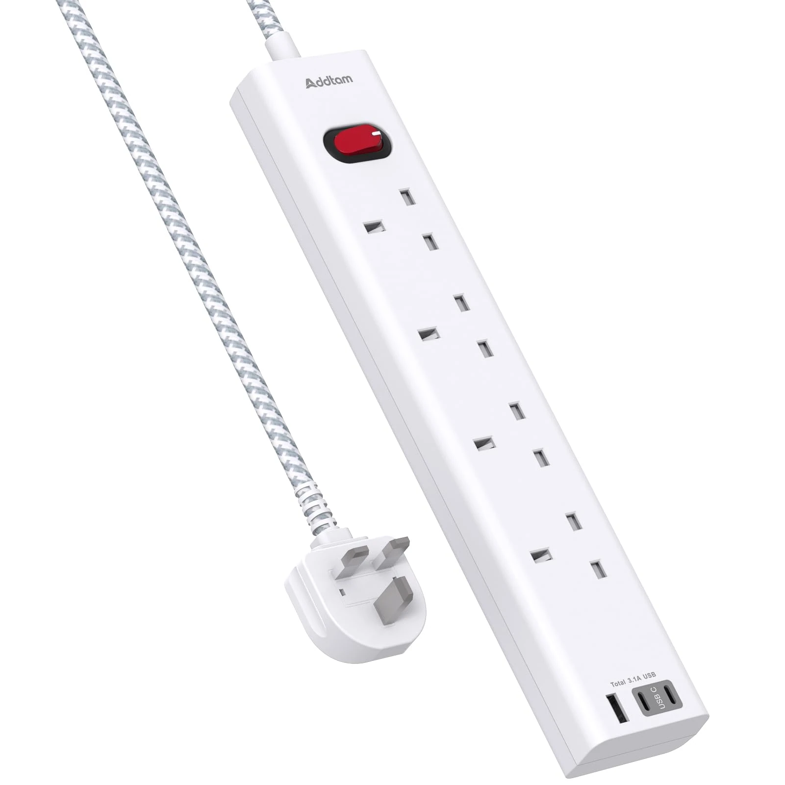 Extension Lead with 3 USB Slots(2 USB C), 4 Way Plug Extension Socket, 3M Wall Mount Socket Extension Cable, Multiplug Power Strip for Home, Office, School Supplies