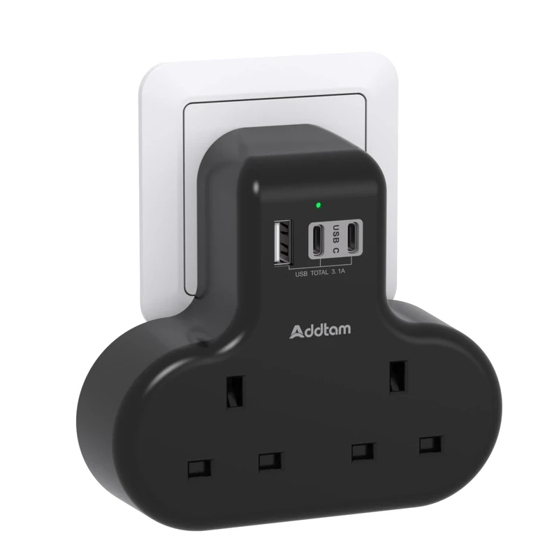 Addtam Double Plug Extension with 3 USB Ports (2 USB-C), 2 Way Multi Plug Adaptor, 13A UK 3 Pin Socket Extension for Home, Office, Travel and School Supplies (Black)