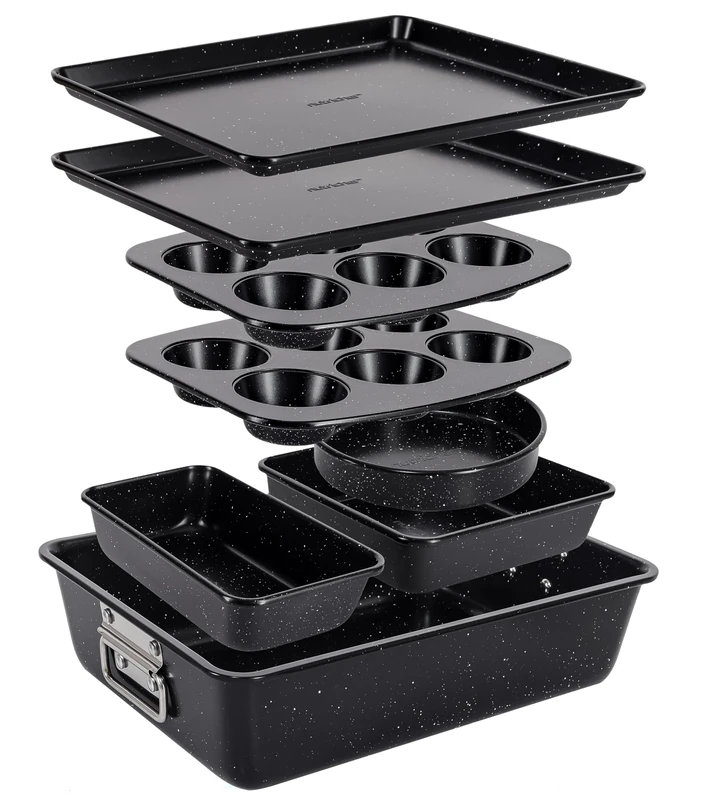 NutriChef Baking Tray Set, 8-Piece Non-Stick Oven Bakeware, Stackable Trays with Cookie, Loaf, Pizza, Muffin, Cake, Round, Square Pans, Durable Kitchen Set (Black Marble)