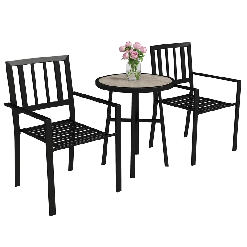 Outsunny 3 Piece Patio Bistro Set, Garden Dining Set with Plastic Top, 2 Stackable Chairs, Galvanised Steel Frame, Outdoor Dining Set for Balcony, Deck, Grey