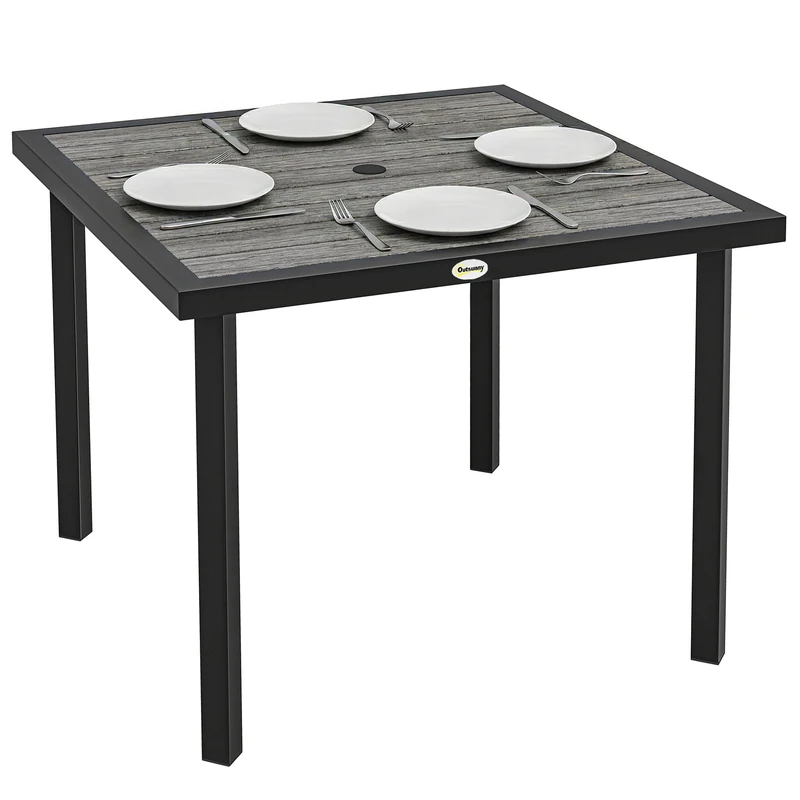 Outsunny Garden Table for 4 Person, Square 86 x 86 x 71cm Patio Outdoor Dining Table with Parasol Hole, Easy Clean Slatted Top, Metal Frame, for Balcony, Terrace, Light Grey