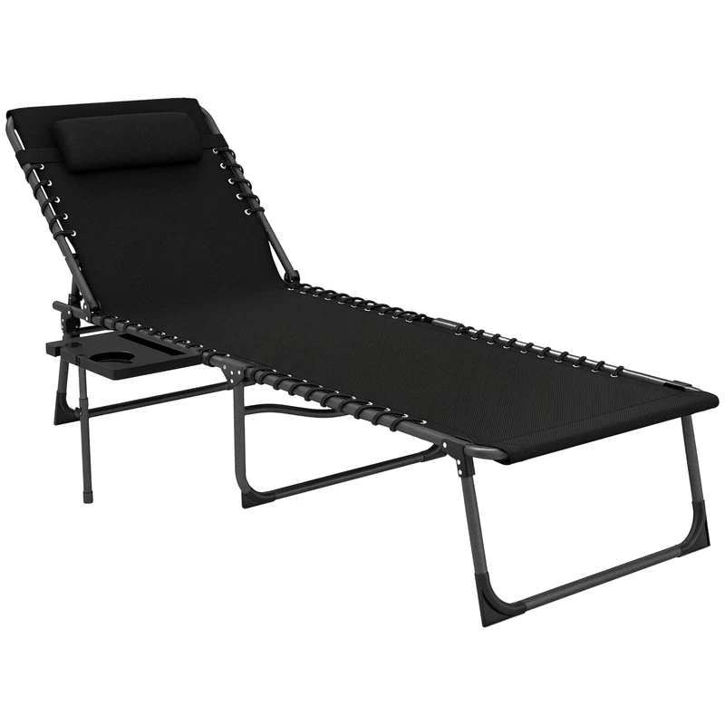 Outsunny Folding Sun Lounger with Side Table, 5-Level Adjustable Reclining Sun Lounger Chair, Portable Garden Recliner Sunbed with Side Pocket, Head Pillow for Patio, Beach, Camping, Black