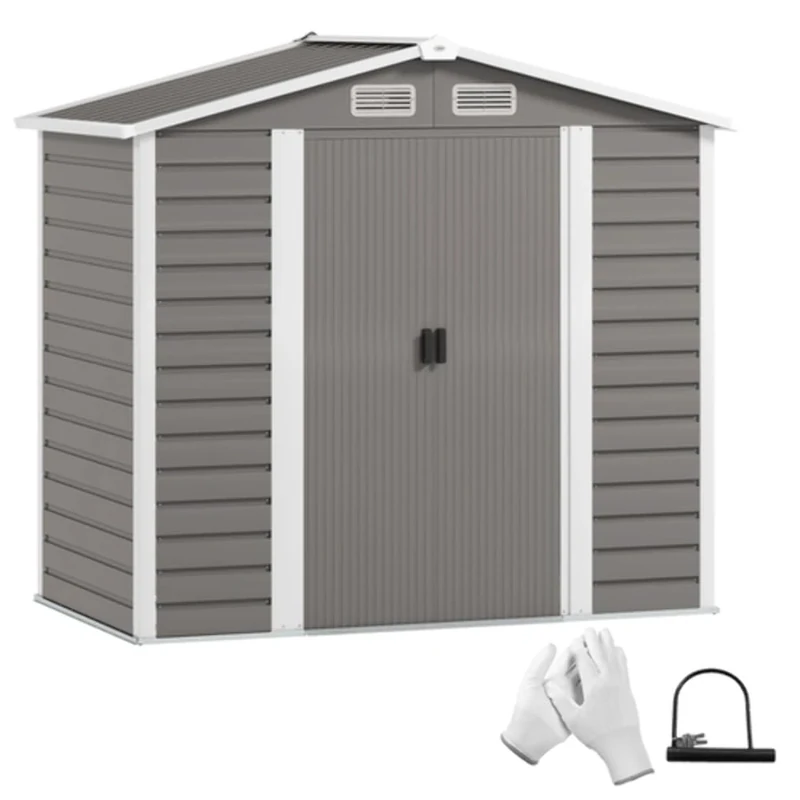 Outsunny 7 x 4ft Garden Shed, Easy to Assemble, Upgraded Galvanised Steel Frame with Foundation Kit, Double Doors with Lock, Outdoor Metal Shed with Vents and Gloves, Garden Storage Shed, Dark Grey