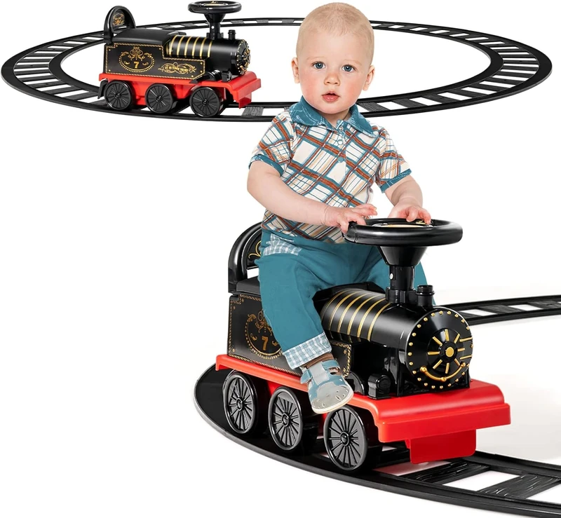 FANTASK 6V Children's Ride-On Locomotive with Track & Retractable Foot Pedals, Electric Children's Car with Music, Lights & Box for Toddlers from 3 Years