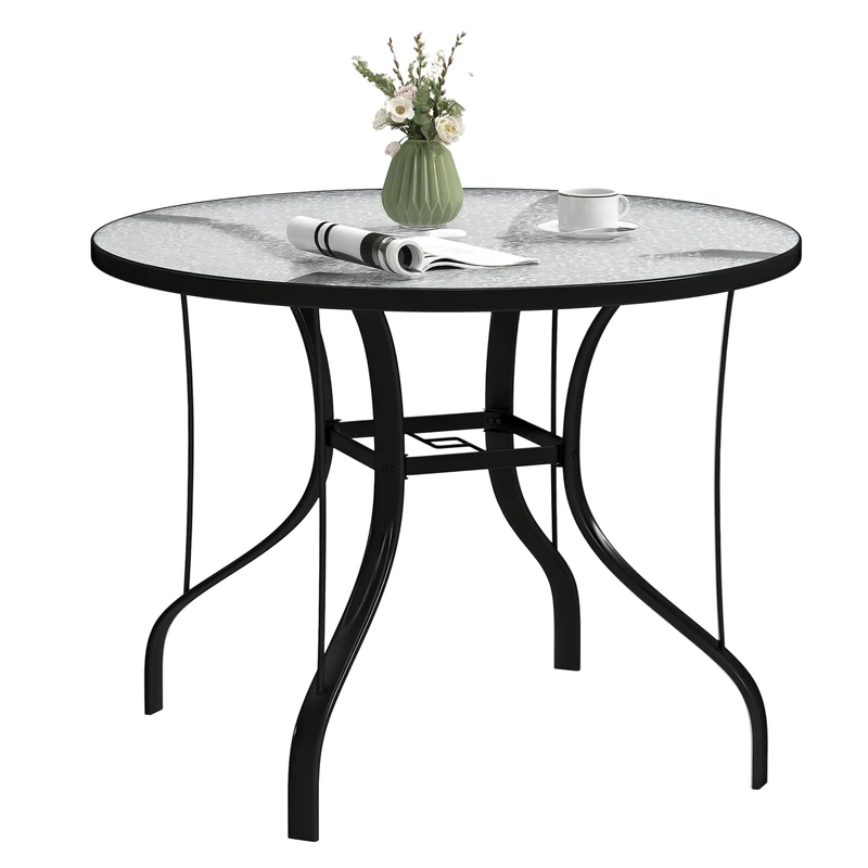 Outsunny Outdoor Dining Table with Parasol Hole, Tempered Glass Top Metal Frame Coffee Table, Round, 96.5 x 96.5 x 71 cm
