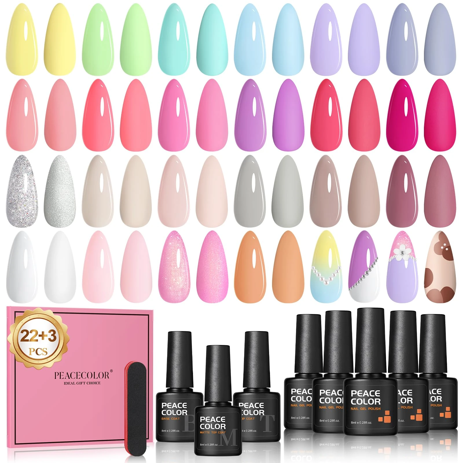 PEACECOLOR Gel Nail Polish-25Pcs 8ML Soak Off Gel Polish Set Pink Green Yellow,Gel Nail Kit with Glossy Matte Top Coat,Colorful Nail Polish Set for Beginner