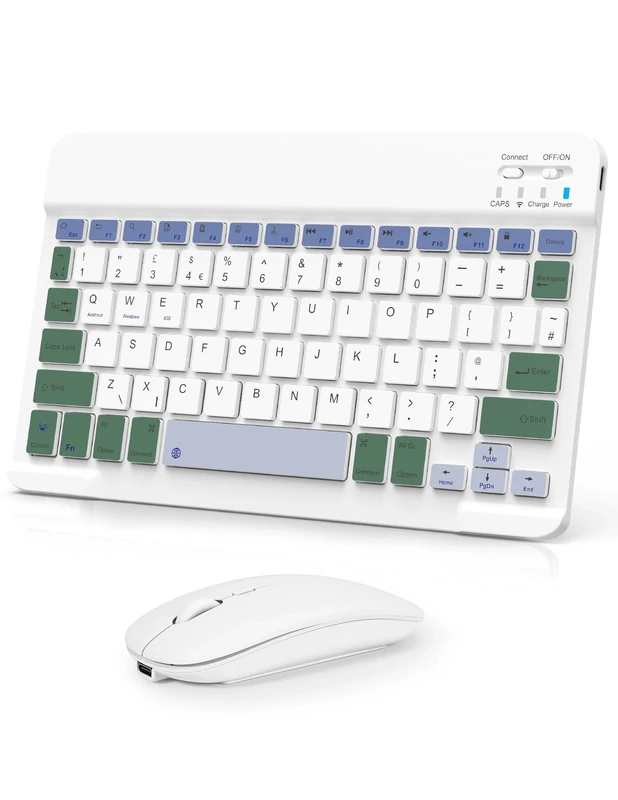 Nsyee Bluetooth Keyboard and Mouse, Universal Compact Wireless Keyboards, Rechargeable Portable for iPad/Samsung/Tablet/iOS/Android/Windows, UK Layout (White&Green, Keyboard and Mouse)