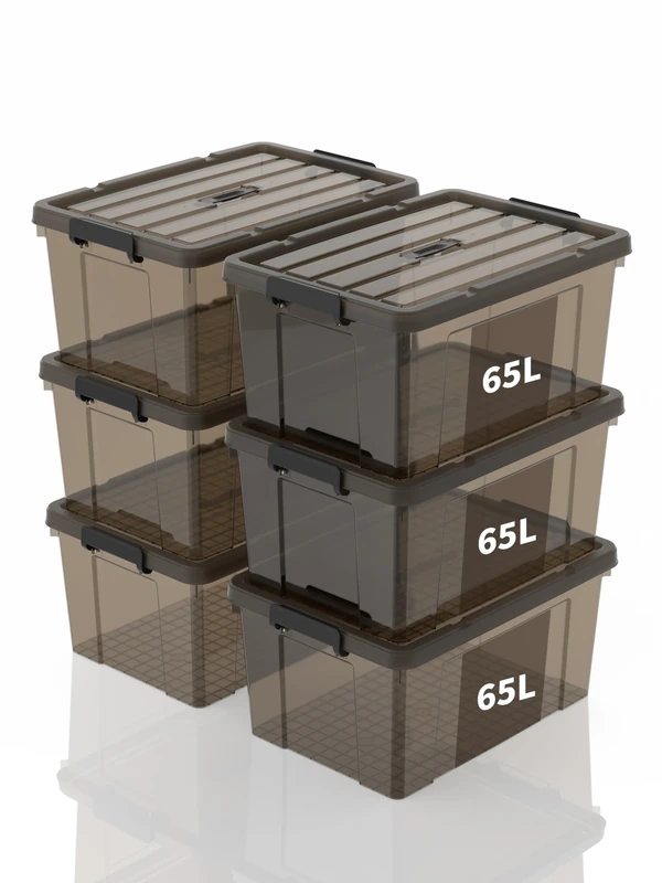 SpaceXpert Storage Boxes, Storage Boxes, Portable Plastic Boxes with Handle, Stackable Organiser Container for Bedroom, Rubbish, School, Transparent Black, 65 L (Set of 6)