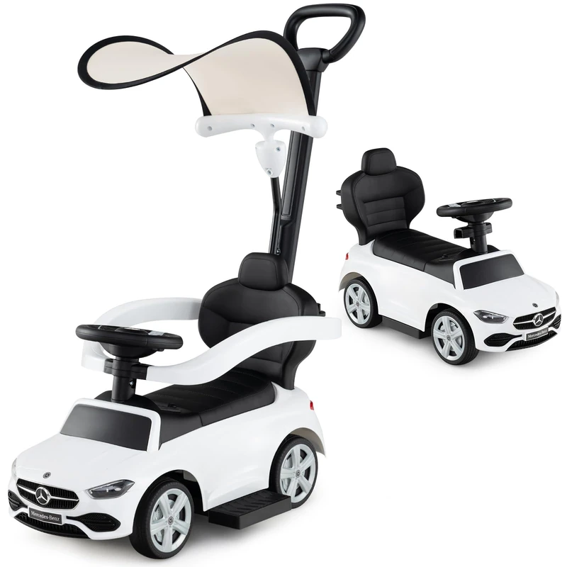 GYMAX 3 in 1 Kids Ride on Push Car, Mercedes-Benz Licensed Push Along Car with Handle, Guardrails, Adjustable Canopy, Horn & Sound, Underneath Storage, Toddler Sliding Toy for 18-36 Months Old (White)