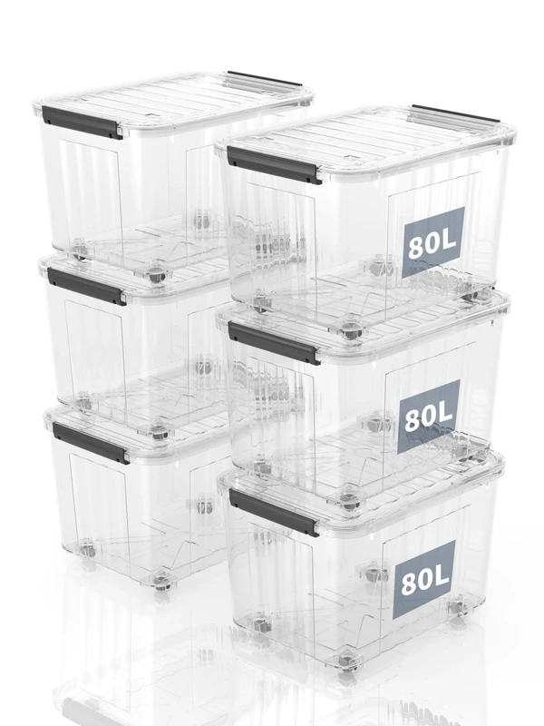 SpaceXpert Plastic Storage Boxes with Lid, Striped Storage Box with Wheels 80L, Stackable Container for Home Office Accessories, Clear Bins, Polypropylene, Transparent, 80L(Set of 6)