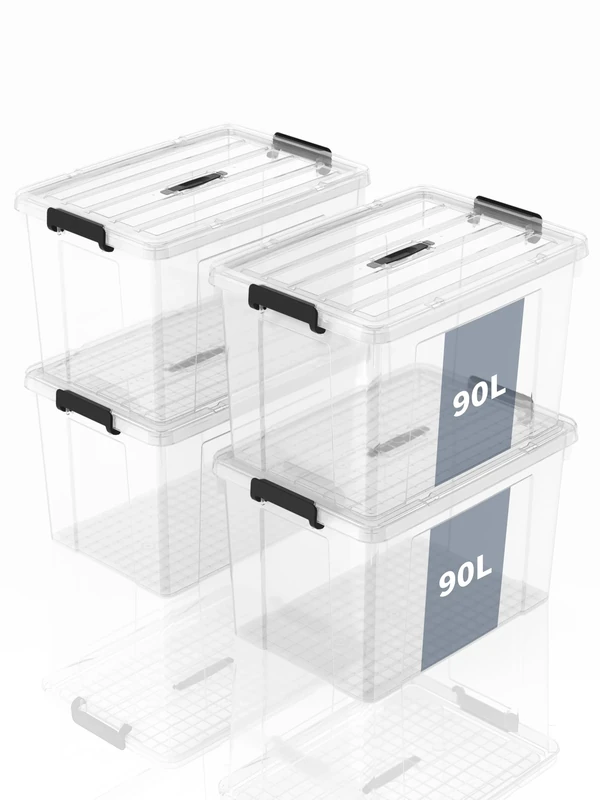 SpaceXpert Storage Boxes, Storage Boxes, Portable Plastic Boxes with Handle, Stackable Organiser Container for Bedroom, Rubbish, School, Transparent, 90 L (Set of 4)