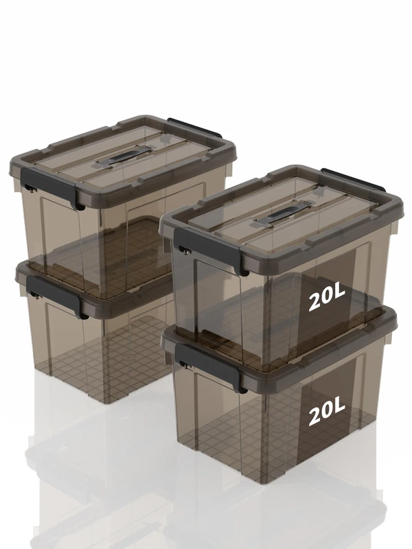 SpaceXpert Storage Boxes with Lid 20L, Plastic Storage Box with Handle, Stackable Container for Home Office Garage Accessories, Hand-Carryable Bin, Easy to Carry, Transparent Brown, 20L(Set of 4)