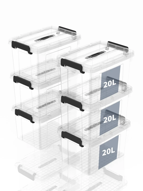 SpaceXpert Storage Boxes with Lid 20L, Plastic Storage Box with Handle, Stackable Container for Home Office Garage Accessories, Hand-Carryable Bin, Easy to Carry, Transparent, 20L(Set of 6)