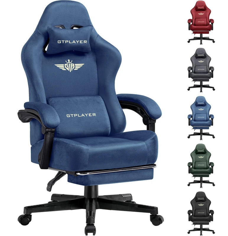 GTPLAYER Fabric Gaming Chair, Ergonomic Computer Chair with Footrest and Lumbar Support Height Adjustable Home Office with 360°-Swivel Seat and Headrest (Blue)