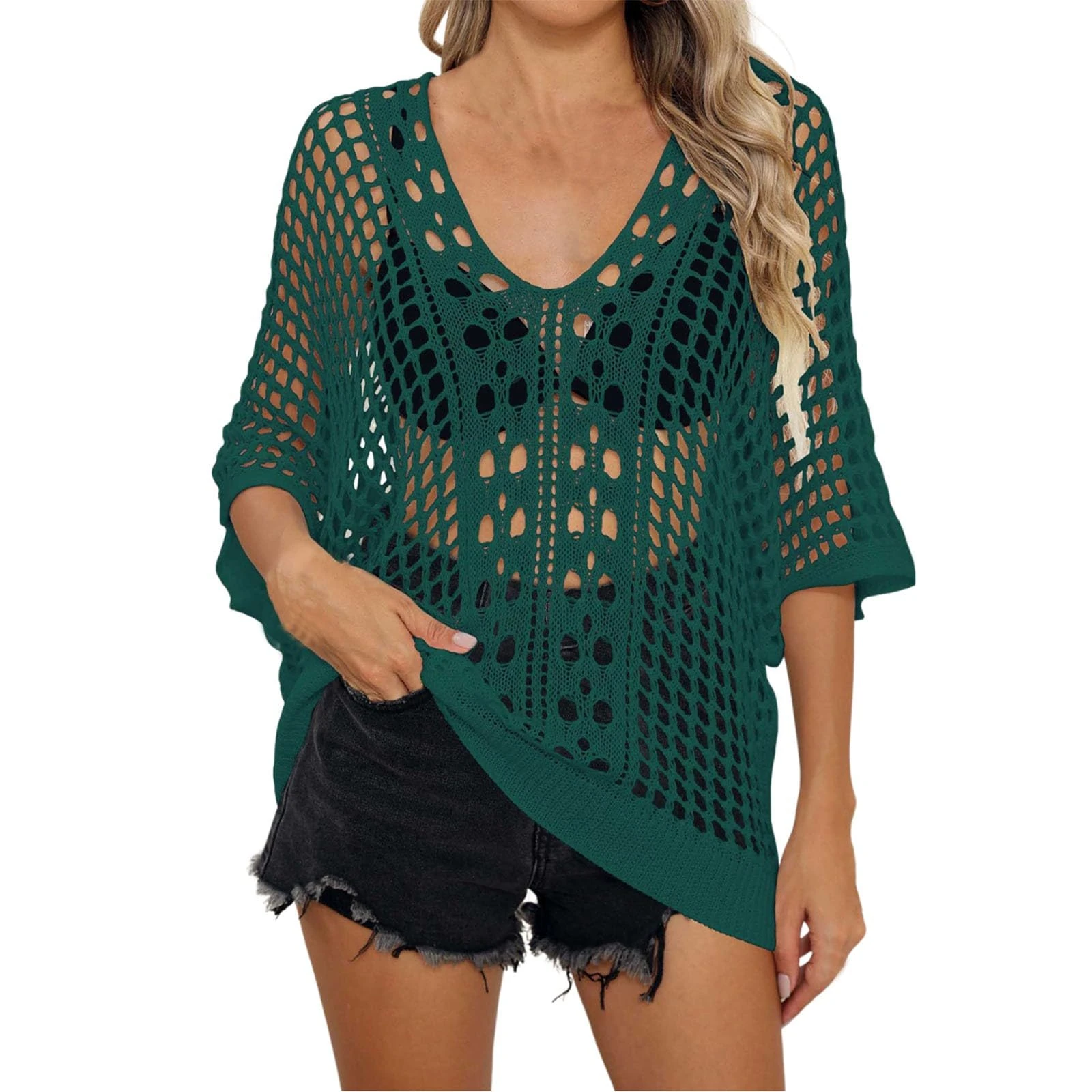 Women's Swim Cover-ups & Sarongs, Crochet Top Hollow Out Beach Cover Up Knit See Throug Blouse Ladies Overtop Bikini Cover Up V Neck Swimwear Ladies Beach Top Plus Size Holiday Outfits Army Green