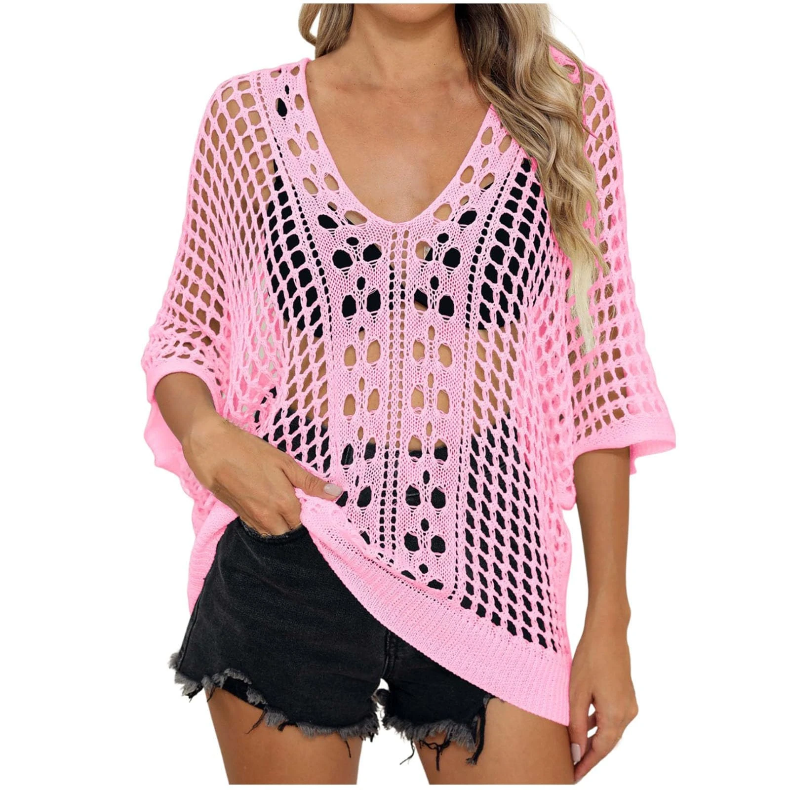 Women's Swim Cover-ups & Sarongs, Crochet Top Hollow Out Beach Cover Up Knit See Throug Blouse Ladies Overtop Bikini Cover Up V Neck Swimwear Ladies Beach Top Plus Size Holiday Outfits Pink