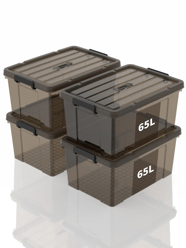 SpaceXpert Storage Boxes with Lid 65L, Plastic Storage Box with Handle, Stackable Container for Home Office Garage Accessories, Hand-Carryable Bin, Easy to Carry, Transparent Brown, 65L(Set of 4)