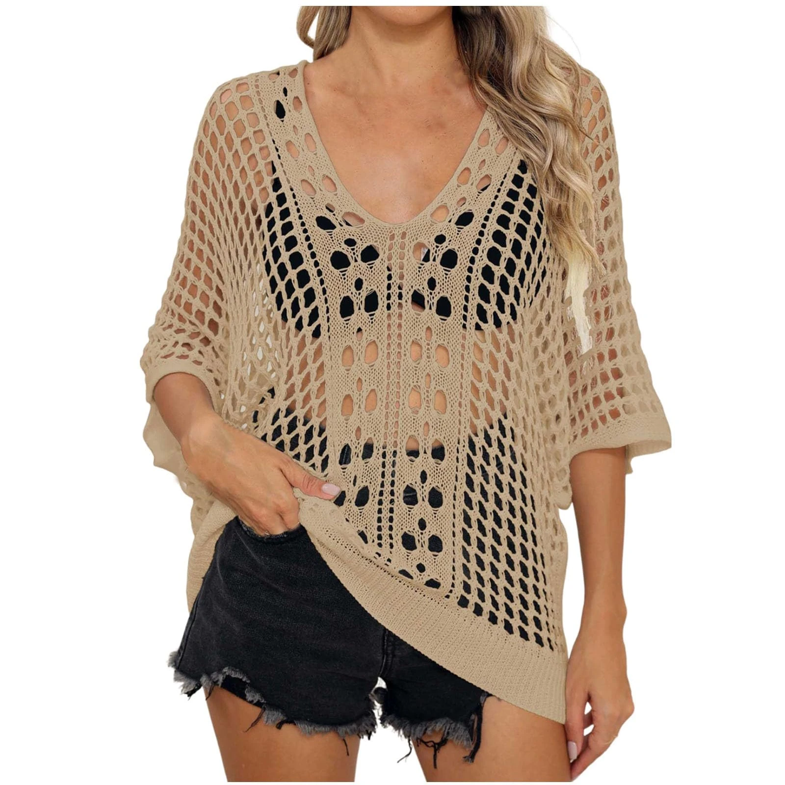 Women's Swim Cover-ups & Sarongs, Crochet Top Hollow Out Beach Cover Up Knit See Throug Blouse Ladies Overtop Bikini Cover Up V Neck Swimwear Ladies Beach Top Plus Size Holiday Outfits Khaki