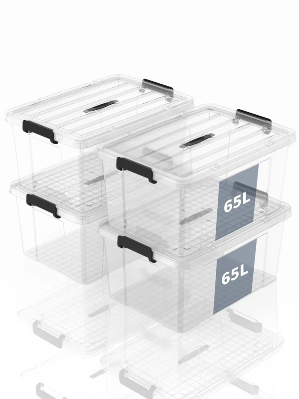 SpaceXpert Storage Boxes, Storage Boxes, Portable Plastic Boxes with Handle, Stackable Organiser Container for Bedroom, Rubbish, School, Transparent, 65 L (Set of 4)