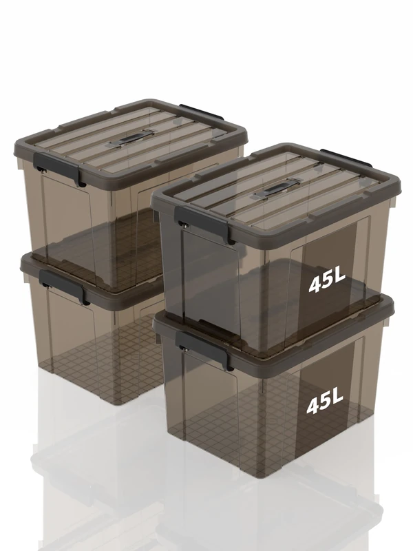 SpaceXpert Storage Boxes with Lid 45L, Plastic Storage Box with Handle, Stackable Container for Home Office Garage Accessories, Hand-Carryable Bin, Easy to Carry, Transparent Brown, 45L(Set of 4)