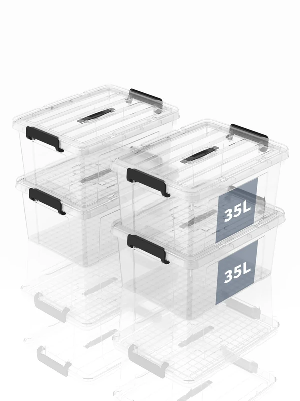 SpaceXpert Storage Boxes with Lid 35L, Plastic Storage Box with Handle, Stackable Container for Home Office Garage Accessories, Hand-Carryable Bin, Easy to Carry, Transparent, 35L(Set of 4)