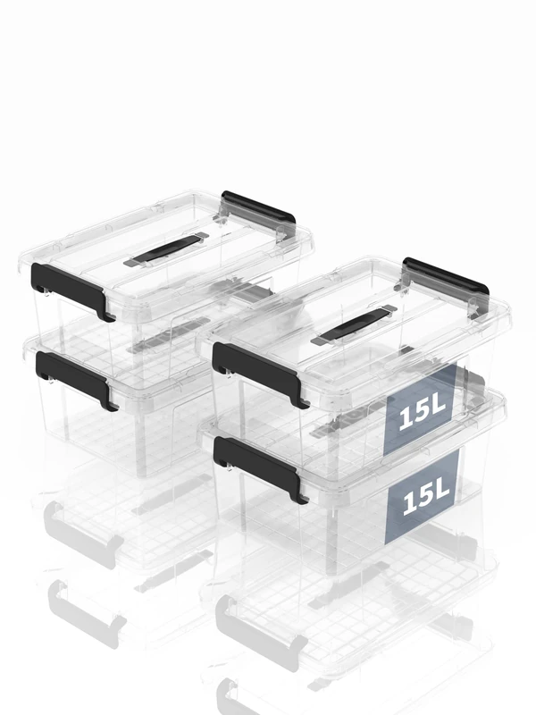 SpaceXpert Storage Boxes with Lid 15L, Plastic Storage Box with Handle, Stackable Container for Home Office Garage Accessories, Hand-Carryable Bin, Easy to Carry, Transparent, 15L(Set of 4)