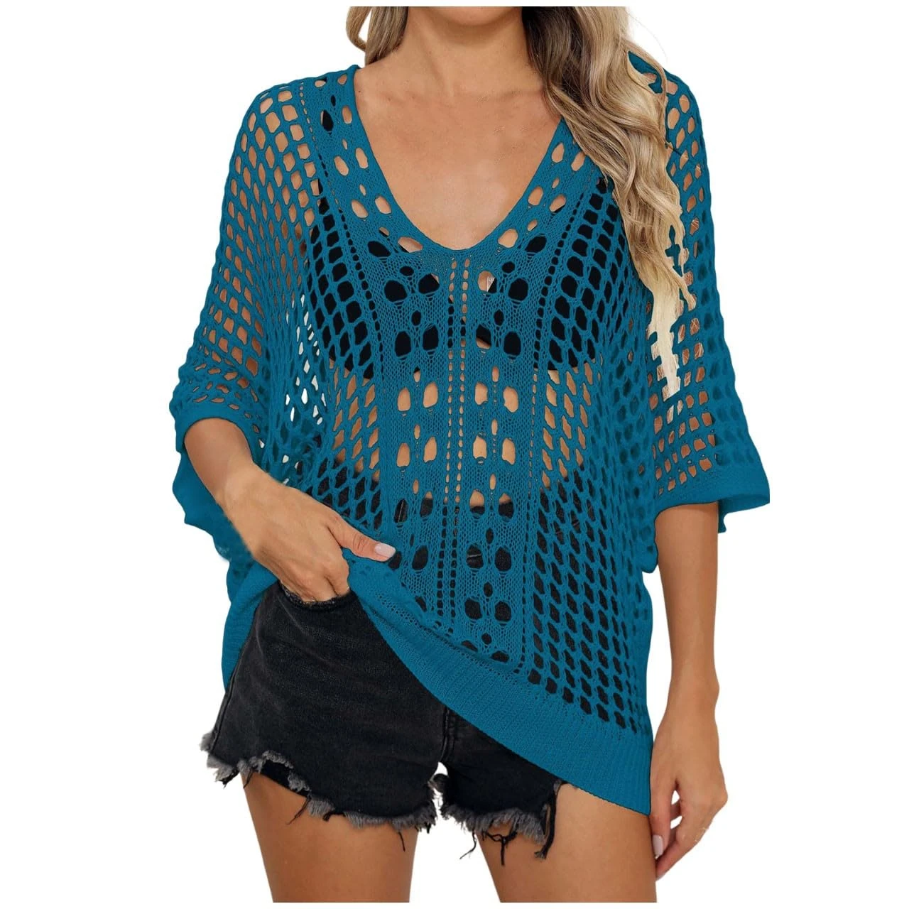 Women's Swim Cover-ups & Sarongs, Crochet Top Hollow Out Beach Cover Up Knit See Throug Blouse Ladies Overtop Bikini Cover Up V Neck Swimwear Ladies Beach Top Plus Size Holiday Outfits Blue