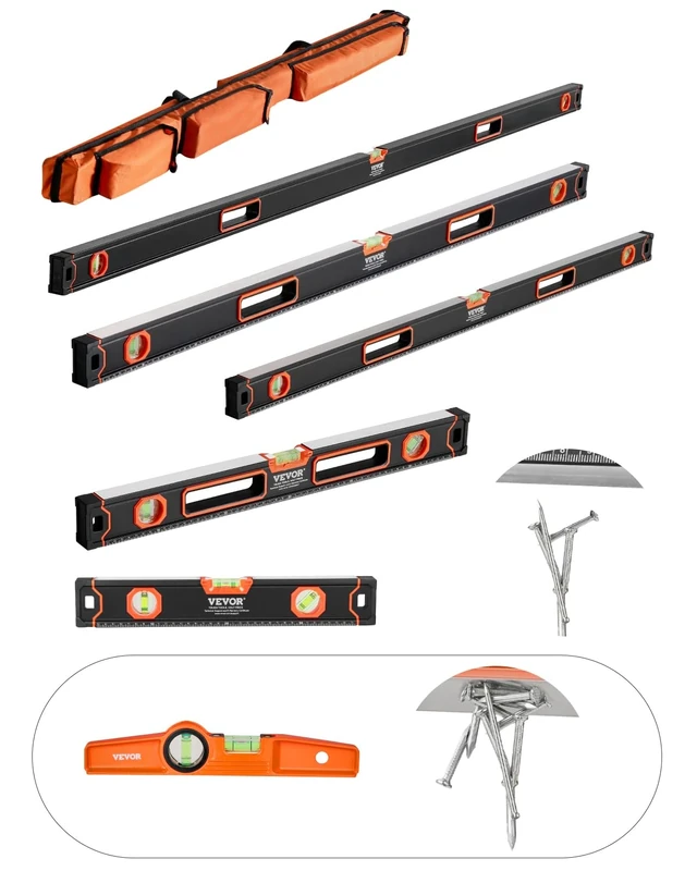 VEVOR 6-Piece Torpedo Level, 78/48/32/24/16/10 Inch Box Levels Set, Bubble Vials Ruler for 45/90/180 Degree, Shock-Proof Aluminum Alloy Magnetic Leveler Tool, SAE/Metric Scale(Only 10-inch has magnet)
