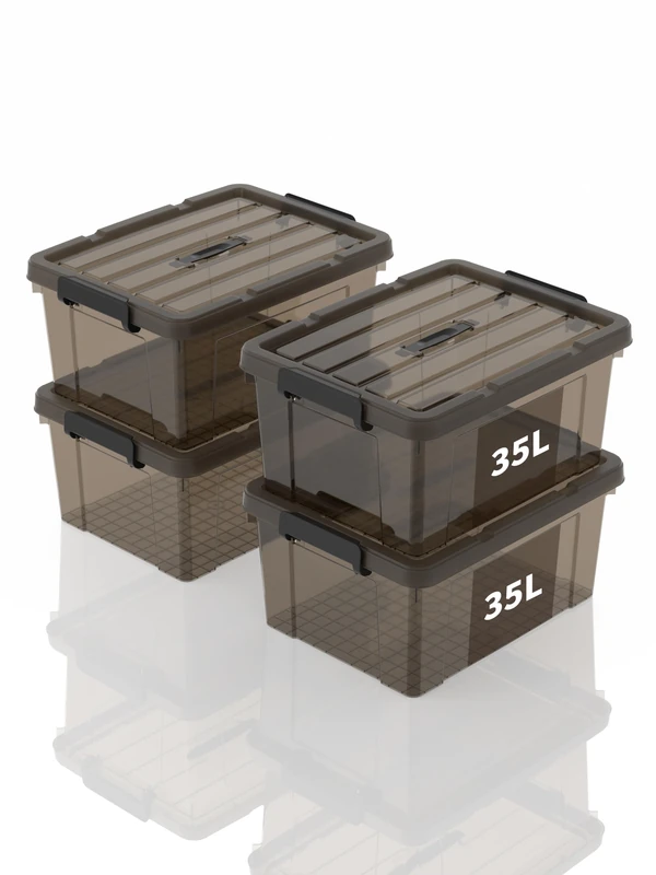 SpaceXpert Storage Boxes with Lid 35L, Plastic Storage Box with Handle, Stackable Container for Home Office Garage Accessories, Hand-Carryable Bin, Easy to Carry, Transparent Brown, 35L(Set of 4)