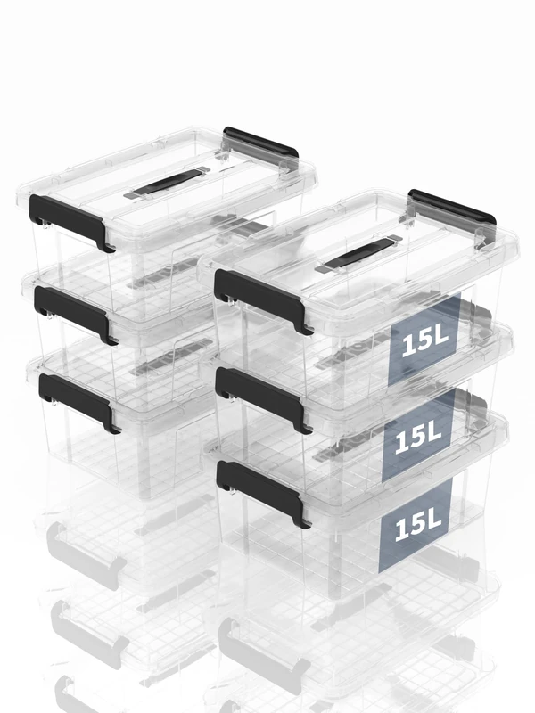 SpaceXpert Storage Boxes with Lid 15L, Plastic Storage Box with Handle, Stackable Container for Home Office Garage Accessories, Hand-Carryable Bin, Easy to Carry, Transparent, 15L(Set of 6)