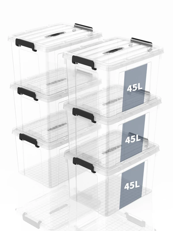 SpaceXpert Storage Boxes, Storage Boxes, Portable Plastic Boxes with Handle, Stackable Organiser Container for Bedroom, Rubbish, School, Transparent, 45 L (Set of 6)