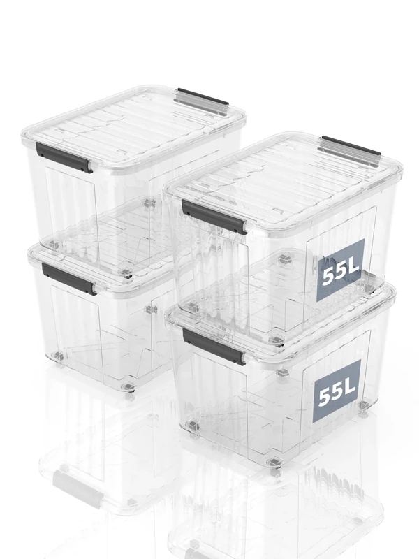 SpaceXpert Storage Boxes with Lids, Storage Boxes with Wheels, Plastic - Storage Solutions for Home, Office and School, Organiser Boxes, Nestable and Stackable, White, 55 L, Set of 4