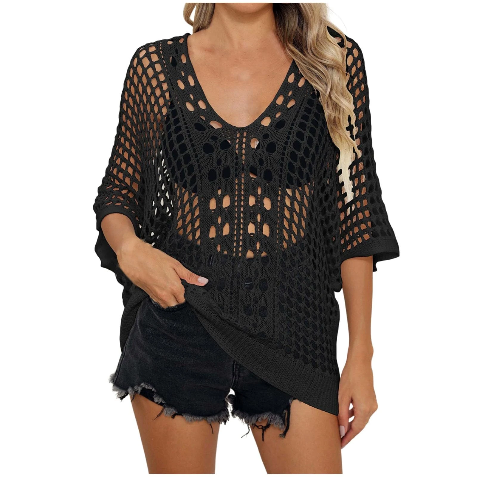 Women's Swim Cover-ups & Sarongs, Crochet Top Hollow Out Beach Cover Up Knit See Throug Blouse Ladies Overtop Bikini Cover Up V Neck Swimwear Ladies Beach Top Plus Size Holiday Outfits Black