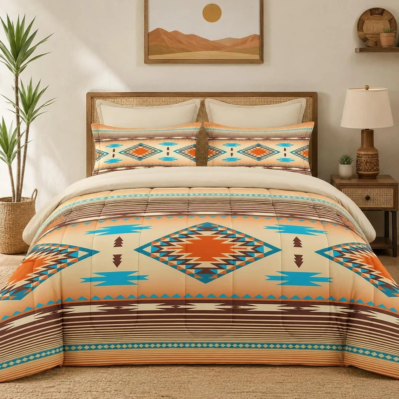 Pamnest Comforter Set King Size, Southwest Western Vintage 7 Pcs Bedding for Kids and Adults, Mexico Stripe Country Bed Sheet Sets with Fitted Sheet 2 Pillowcases & 2 Shams for Bedroom Bed Decor