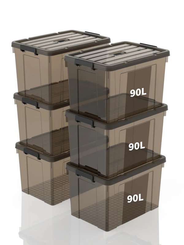 SpaceXpert Storage Boxes, Storage Boxes, Portable Plastic Boxes with Handle, Stackable Organiser Container for Bedroom, Rubbish, School, Transparent Black, 90 L (Set of 6)
