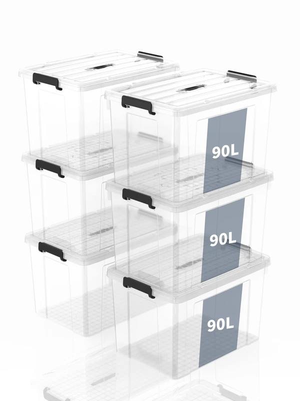 SpaceXpert Storage Boxes with Lid 90L, Plastic Storage Box with Handle, Stackable Container for Home Office Garage Accessories, Hand-Carryable Bin, Easy to Carry, Transparent, 90L(Set of 6)