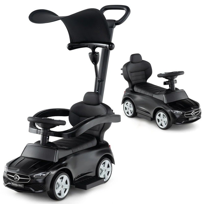 GYMAX 3 in 1 Kids Ride on Push Car, Mercedes-Benz Licensed Push Along Car with Handle, Guardrails, Adjustable Canopy, Horn & Sound, Underneath Storage, Toddler Sliding Toy for 18-36 Months Old (Black)