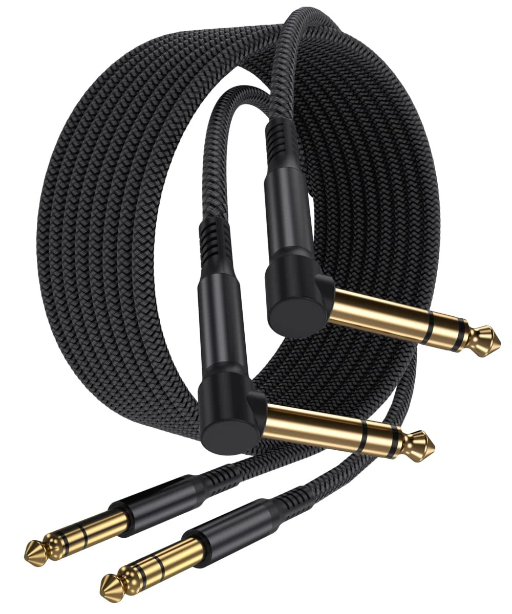 Elebase 1/4 Inch TRS Instrument Cable 2M 2-Pack,Right-Angled to Straight 6.35mm Male Jack Stereo Audio Cord,6.35 Balanced Interconnect Line for Electric Guitar,Bass,Keyboard,Mixer,Amplifier,Speaker