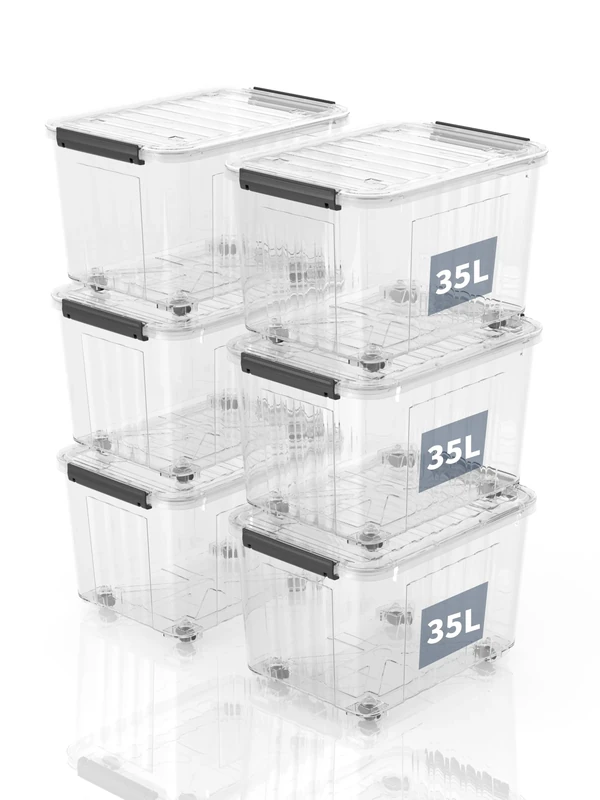 SpaceXpert Storage Boxes with Lids, Storage Boxes with Castors, Plastic Storage Solutions for Home, Office and School, Stackable, Transparent, 35 L, Set of 6