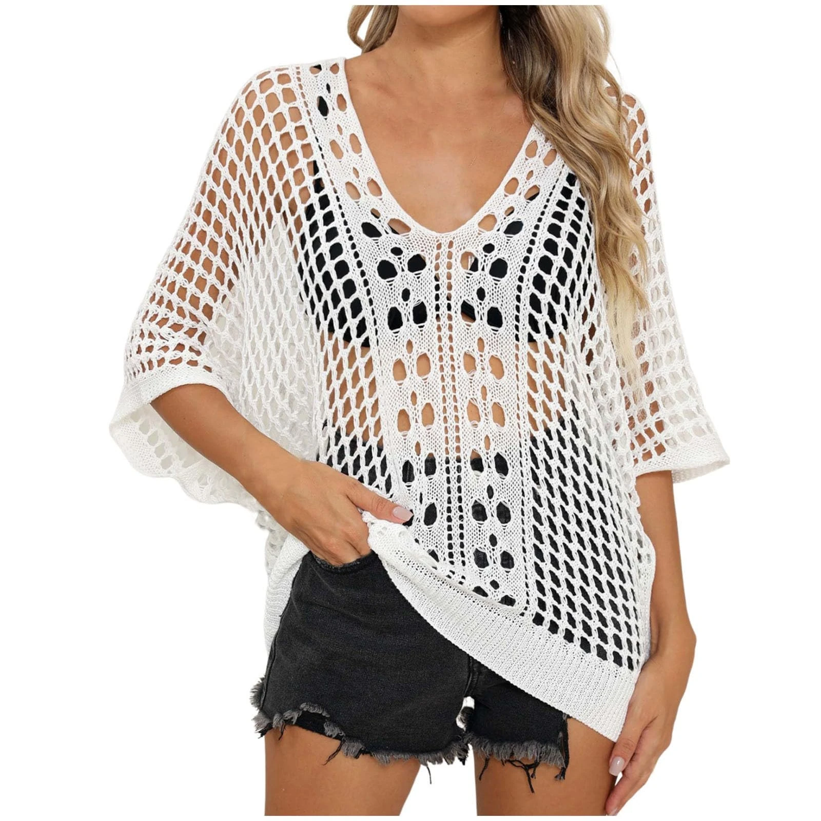 Women's Swim Cover-ups & Sarongs, Crochet Top Hollow Out Beach Cover Up Knit See Throug Blouse Ladies Overtop Bikini Cover Up V Neck Swimwear Ladies Beach Top Plus Size Holiday Outfits White