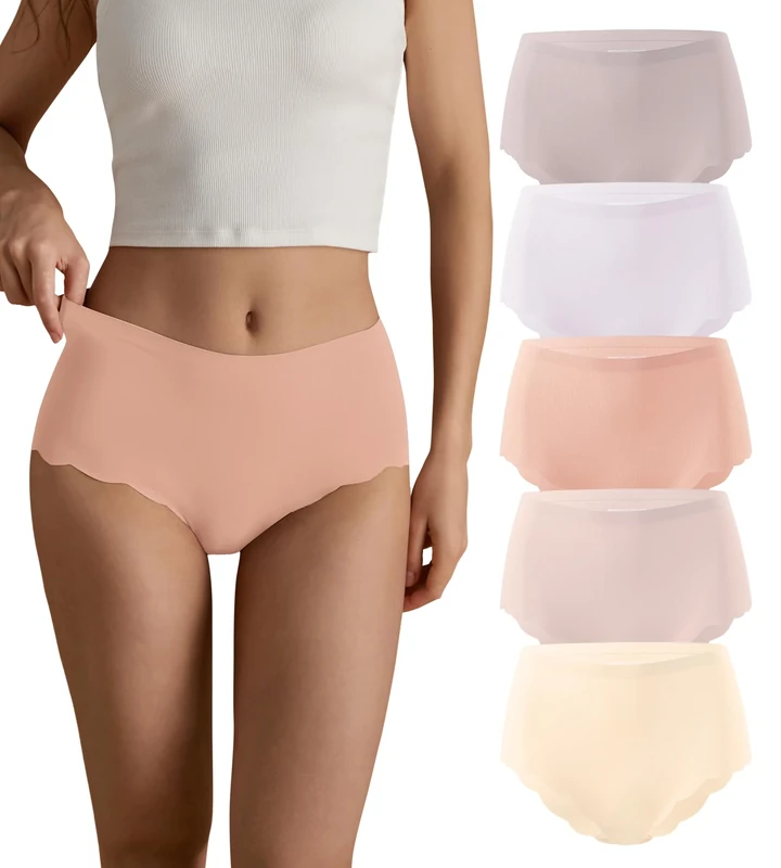 SHARICCA Seamless Knickers for Women Breathable No Show High Waisted Underwear Comfortable Wave Edge Full Coverage Briefs Basic Ladies Panties Multipack(Multicolor-5P03-L)