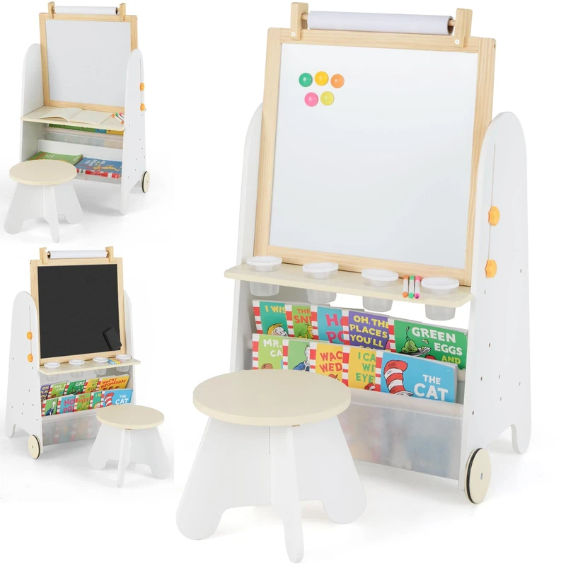 GYMAX 4-in-1 Kids Easel, Height Adjustable Children Art Easel with Stool, Whiteboard, Chalkboard, Bookshelves, Paper Roll and Art Supplies, Toddler Activity Table Set for 3+ Years Old (White+Natural)