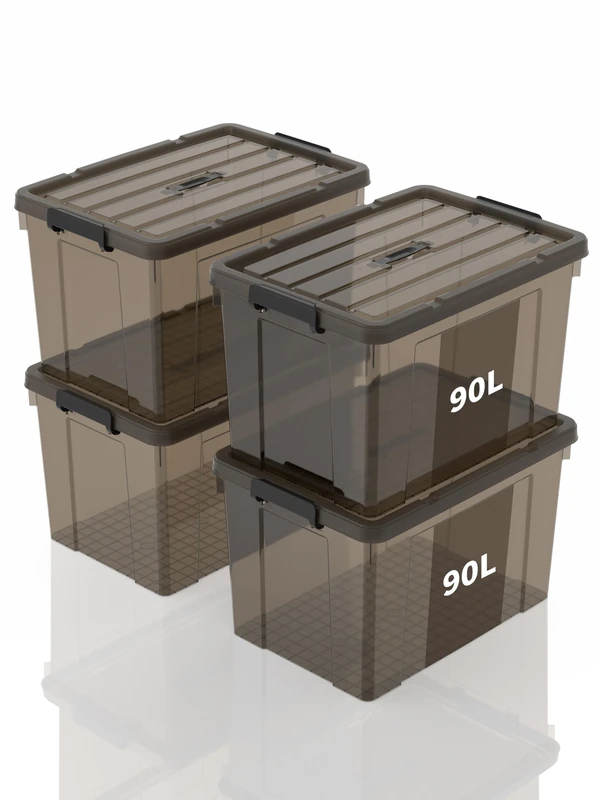 SpaceXpert Storage Boxes, Storage Boxes, Portable Plastic Boxes with Handle, Stackable Organiser Container for Bedroom, Rubbish, School, Transparent Black, 90 L (Set of 4)