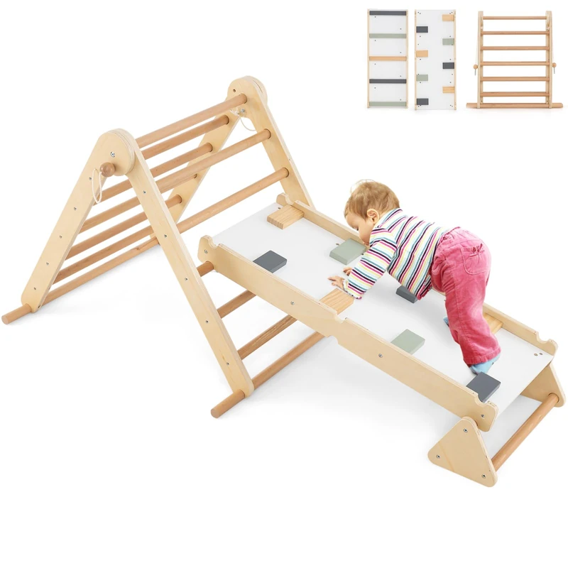 GYMAX 3 in 1 Kids Climbing Set, Foldable Wooden Toddler Climber with Reversible Ramp, Indoor Climbing Frame for 3+ Years Old Boys Girls (Natural)