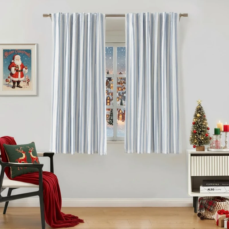 ZJDECOR 63 Inch Blue Striped Full Blackout Window Curtain Panels,Blue Stripe on White Cotton Blended Light Filteirng Fabric,Room Darkening Window Treatment for Bedroom,Rod Pocket Back Tab,55"Wx63"Lx2