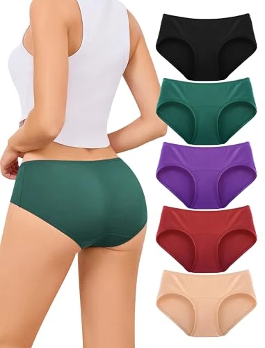 VOENXE Womens Underwear Cotton Knickers Pants,Hipster Briefs Ladies Full Coverage Underpants Mid Rise Breathable Stretchy Female Panties Multipack,Comfy Soft Control Workout Woman Undies Bikini,5 Pack