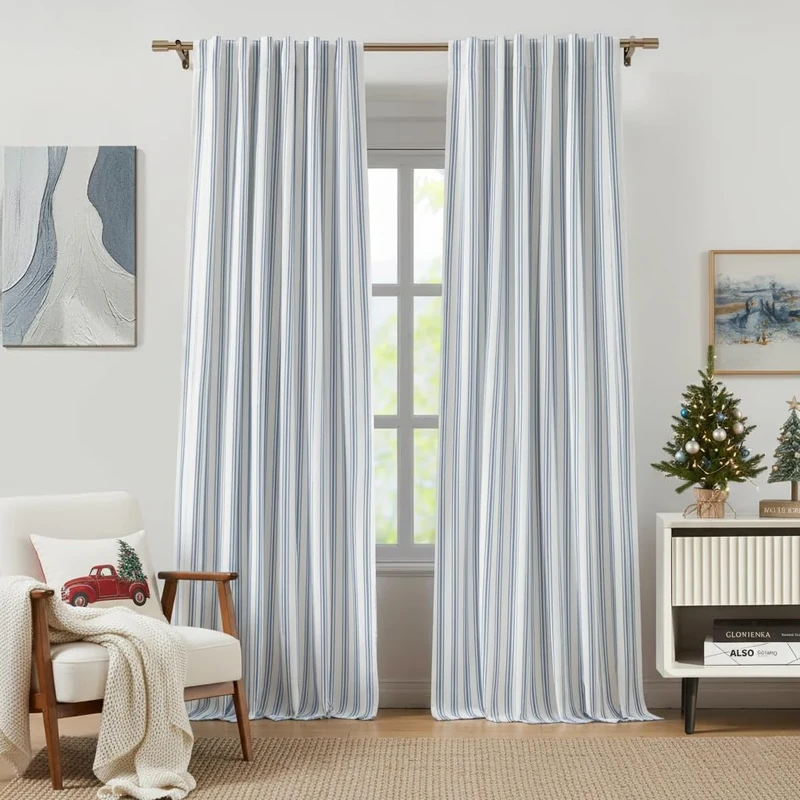 ZJDECOR Blue Striped Blackout Curtains 84 Inches Length,Ticking Stripe on White Cotton Blended Light Filtering Fabric with White Liner,Modern Bedroom Window Treatment,Back Tab Rod Pocket,55" Wx84 Lx2 - Image 1