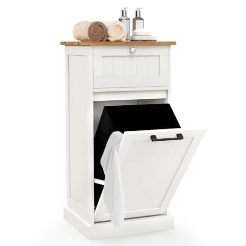 FANTASK White Bamboo Top Bathroom Cabinet with Laundry Basket 40 x 37 x 82 cm - Image 1