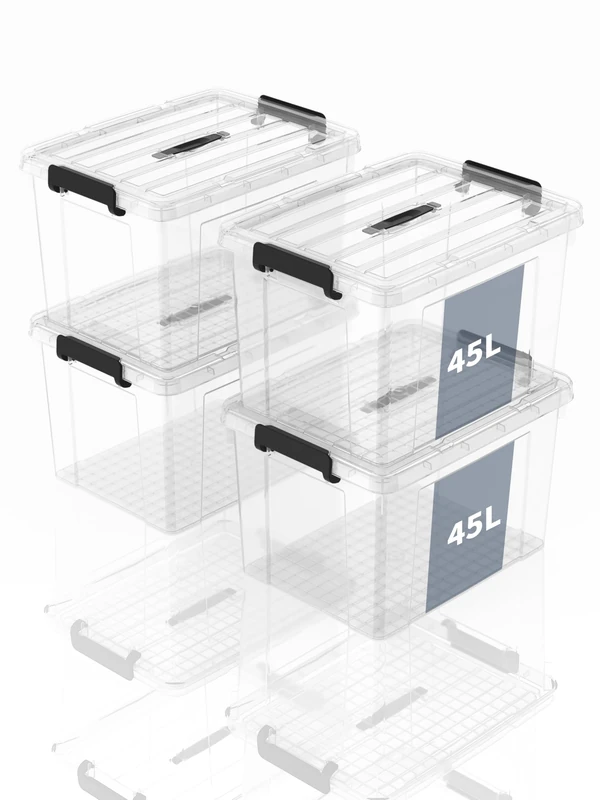 SpaceXpert Storage Boxes with Lid 45L, Plastic Storage Box with Handle, Stackable Container for Home Office Garage Accessories, Hand-Carryable Bin, Easy to Carry, Transparent, 45L(Set of 4)