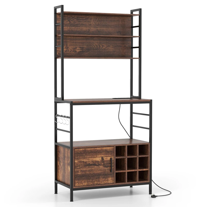GiantexUK Kitchen Storage Rack, Wooden Baker’s Rack with Charging Station, Wine Bottle Holders, Cabinet & 4 Hooks, Industrial Microwave Stand Storage Shelf for Dining Living Room